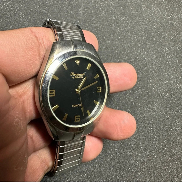 precision by gruen Mens Watch Diamond Quartz GP402MN Black Dial Silver Working - Picture 3 of 7